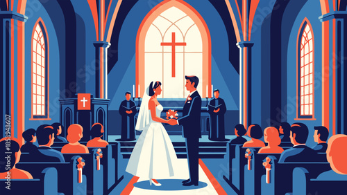 Vibrant vector illustration of a happy couple exchanging vows during a heartfelt wedding ceremony inside a traditional church, celebrating their union