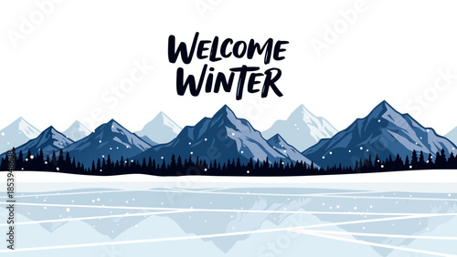 Embrace the chilly season with a serene illustration of a snowy mountain range, a frozen lake, and falling snowflakes, perfect for a cozy winter greeting