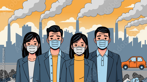 People wearing protective masks against severe urban air pollution from industrial emissions and smog, an urgent environmental health crisis