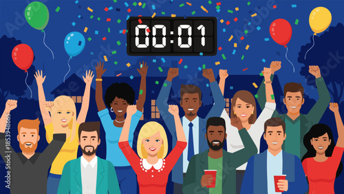 Excited crowd joyfully celebrates as a digital countdown timer approaches zero, marking a momentous occasion with falling confetti