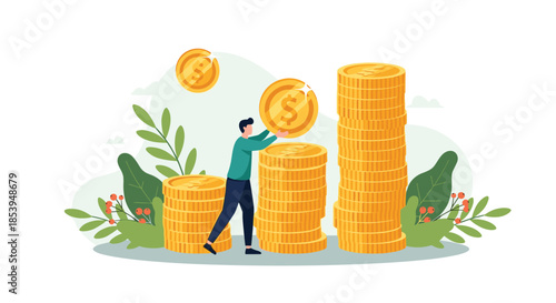 Young man in a flat vector illustration stacks large gold dollar coins into growing piles representing financial success and wealth.