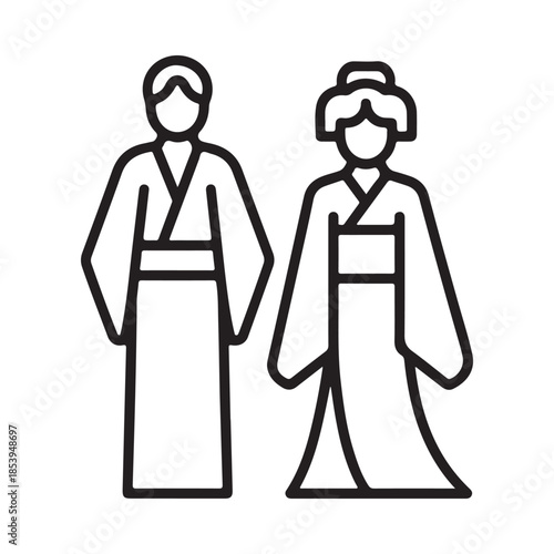 Simple line art depicting two women in traditional japanese kimonos