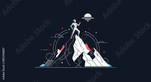 Stylized person stands victoriously on a mountain peak in a futuristic line art illustration symbolizing success and achievement.