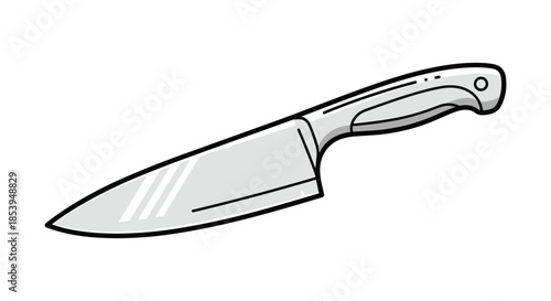 Clean black and white line art illustration of a professional chef's kitchen knife with a sharp blade isolated on a white background.