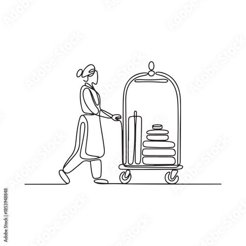 A continuous line drawing of a hotel bellhop with luggage cart