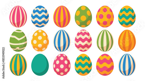 An assortment of cheerfully decorated Easter eggs showcasing a variety of colorful stripes and polka dot patterns