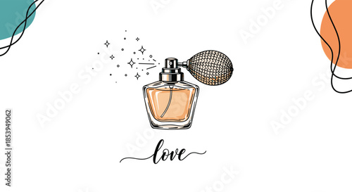Elegant hand-drawn vintage perfume bottle spraying sparkling droplets with the word love written in cursive below it.