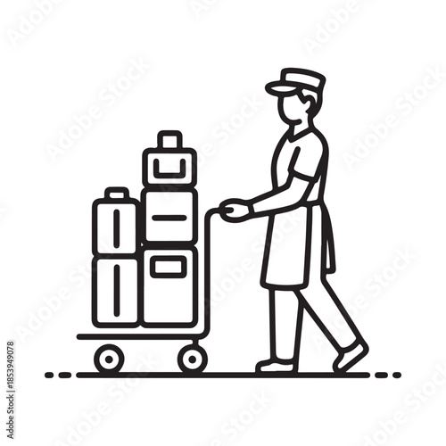 A bellhop pushing a luggage cart through a hotel hallway illustration
