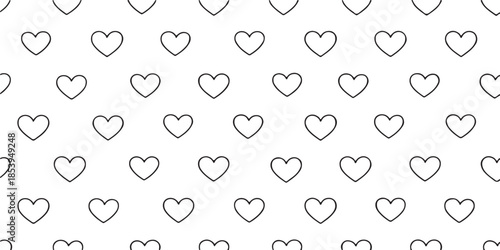Minimalist seamless pattern of black thin line hearts on white background for romantic wallpaper, wedding invitation, and Valentine's Day design.