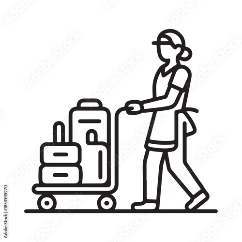 A linear illustration of a porter with stacked luggage on a cart