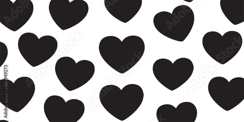 Seamless pattern of solid black hand drawn hearts on white background for Valentine's Day, wedding stationery, and romantic fabric print.