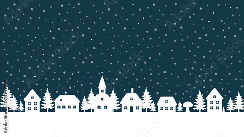 Charming snow covered village scene at night with houses, church, and trees under a falling snowfall