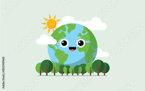 Cute smiling Earth character surrounded by green trees under a bright sun and fluffy clouds