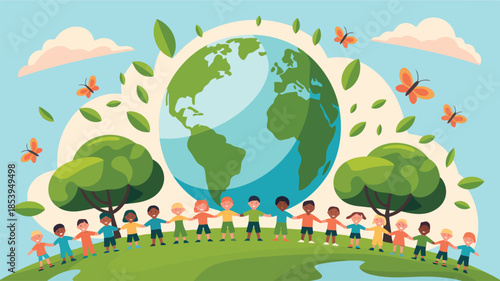 Diverse children holding hands around a vibrant Earth illustration, symbolizing global unity and environmental care