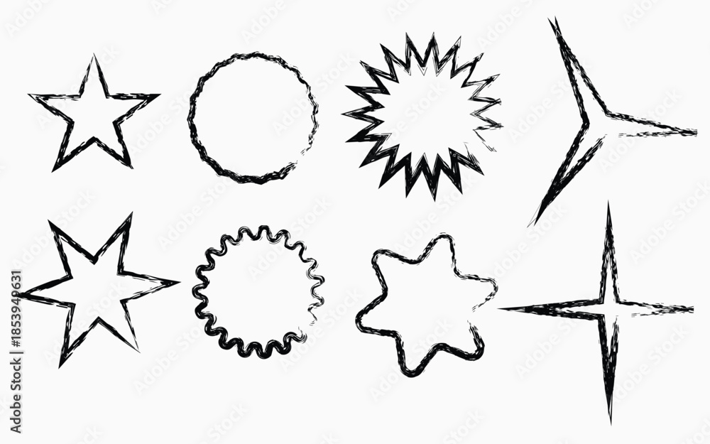 Fototapeta premium A collection of six black outlined star shapes on a white background