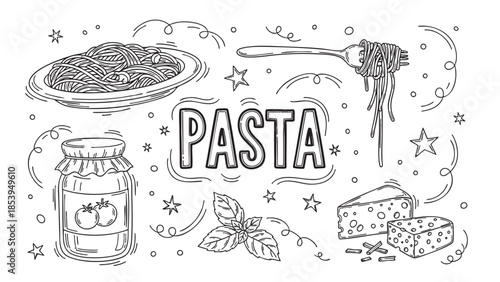 Hand Drawn Pasta Ingredients And Dish Line Art