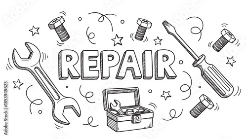 A playful black and white doodle illustration featuring the word REPAIR surrounded by tools like wrenches, screwdrivers, bolts, and a toolbox, perfect for DIY or maintenance concepts.