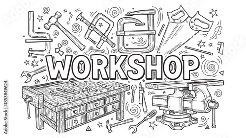 A charming black and white doodle-style illustration depicts various workshop tools and the word "WORKSHOP" in bold lettering, perfect for DIY, crafting, or repair themes.