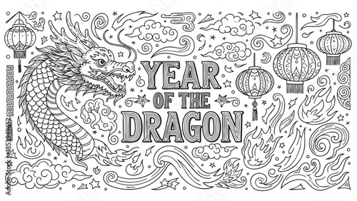 A stylized black and white illustration of a Chinese dragon, lanterns, clouds, and flames, celebrating the Year of the Dragon with traditional motifs.