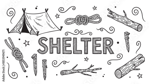 Camping Shelter Elements Rope Wood Tent