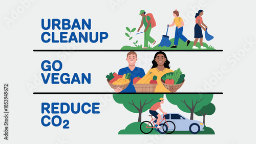 Educational illustration showing positive environmental actions urban area cleanup healthy eating and cycling