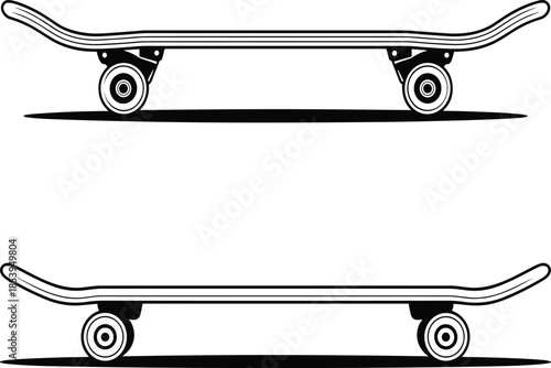 Two Technical Skateboard Line Art Variations in Side Profile View Featuring Detailed Trucks, Wheels, and Ground Shadows for Urban Sports Branding.