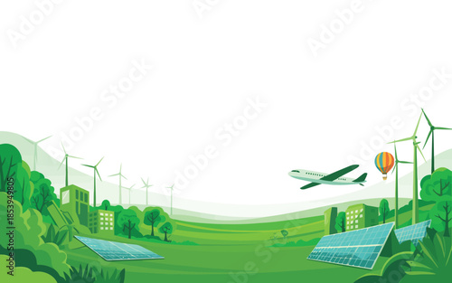 Extensive green landscape featuring solar farms, wind turbines, urban areas, and air travel above