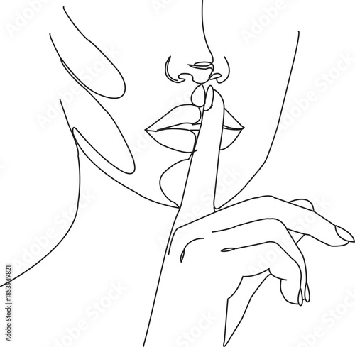 A captivating minimalist line art drawing portraying a woman signaling for silence
