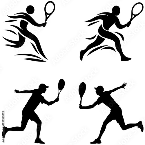 Vector illustration set of black sport silhouettes featuring athletes in action including people running, jumping, 