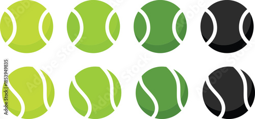 Set of tennis balls with different seam patterns. Bright green sport equipment collection for tennis game design. Flat vector illustration isolated on white background