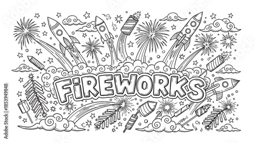 A black and white doodle illustration featuring fireworks, rockets, and clouds, with the word FIREWORKS prominently displayed, suggesting celebration and excitement.