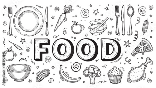 A whimsical black and white doodle illustration featuring the word FOOD surrounded by various food items, utensils, and decorative elements, perfect for culinary themes.