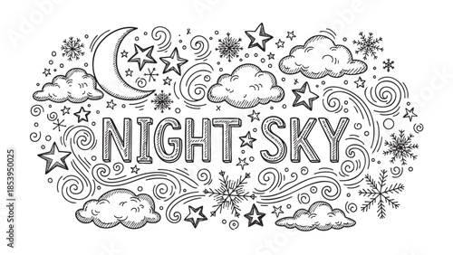 Whimsical hand-drawn illustration featuring clouds, stars, snowflakes, and a crescent moon in a swirling night sky, perfect for creative projects.