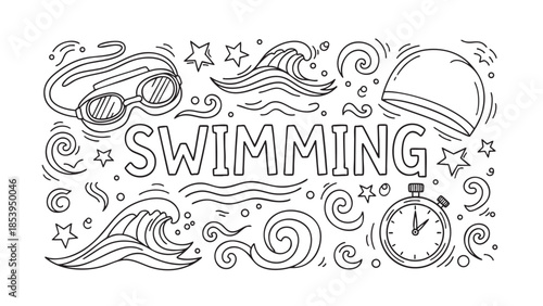 A playful black and white illustration features the word SWIMMING in bold letters surrounded by iconic swimming elements like goggles, cap, stopwatch, and waves in a doodle style.