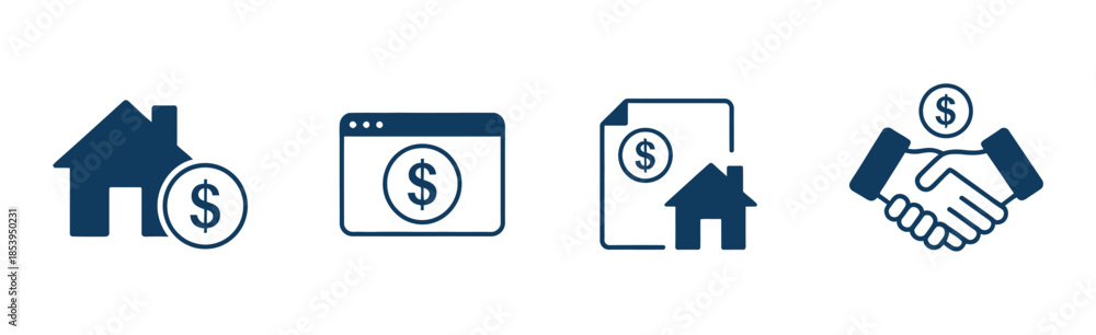 Obraz premium House for Sale and Rent Icon Set. Professional real estate symbols for buying property, online house listings, and lease agreements in a clean vector style.