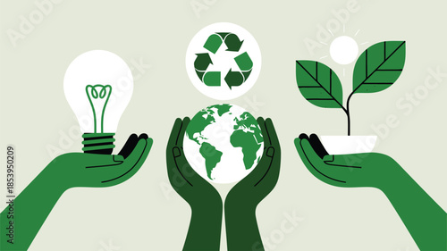 Green hands present global symbols representing environmental protection and sustainable ecological practices