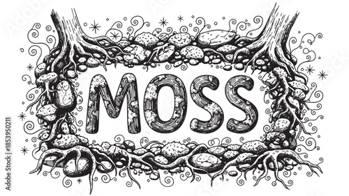 A black and white artistic illustration features the word "MOSS" prominently displayed, intricately framed by detailed roots, small stones, and swirling vine elements, evoking a natural, organic feel.