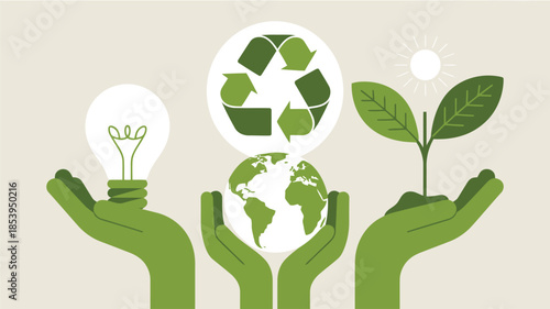 Green hands present global symbols representing environmental protection and sustainable ecological practices