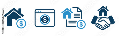 House for Sale and Rent Icon Set. Professional real estate symbols for buying property, online house listings, and lease agreements in a clean vector style.