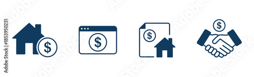 House for Sale and Rent Icon Set. Professional real estate symbols for buying property, online house listings, and lease agreements in a clean vector style.