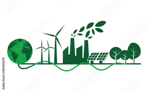 Green silhouette landscape showing a sustainable world with wind energy, green factories, solar power, and trees