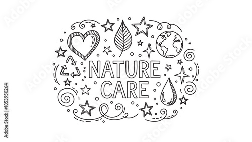 A whimsical doodle illustration features the words Nature Care surrounded by various symbols of nature, planet Earth, and recycling, evoking a sense of environmental responsibility and organic growth.