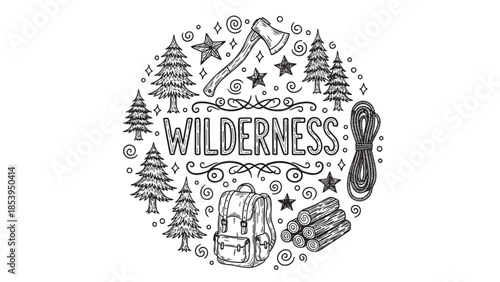 Whimsical black and white illustration of wilderness adventure gear including trees, backpack, axe, rope, and logs, perfect for camping and outdoor themes.