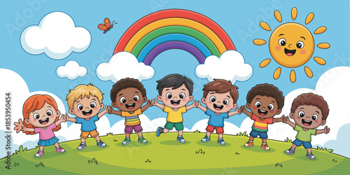 Happy diverse group of children standing together on a grassy hill under a bright rainbow and sun