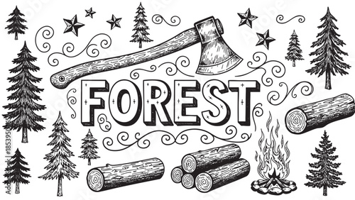 Hand-drawn illustration features the word Forest surrounded by camping elements like an axe, logs, campfire, and pine trees, suitable for rustic design projects.