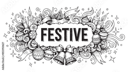 A black and white hand-drawn illustration features the word "FESTIVE" surrounded by ornate Christmas decorations like ornaments, candles, bells, ribbons, and foliage, evoking a celebratory mood.