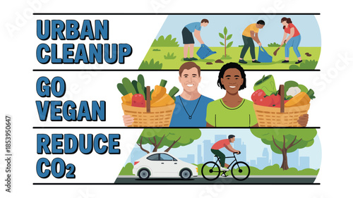 Informative graphic promoting environmental stewardship through city cleaning plant based diet and bicycle transport
