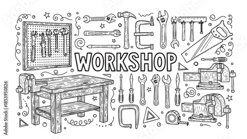 A whimsical black and white illustration depicts a workbench with vises, various hand tools like wrenches, hammers, and screwdrivers, and a pegboard with tools, all arranged around the word WORKSHOP.