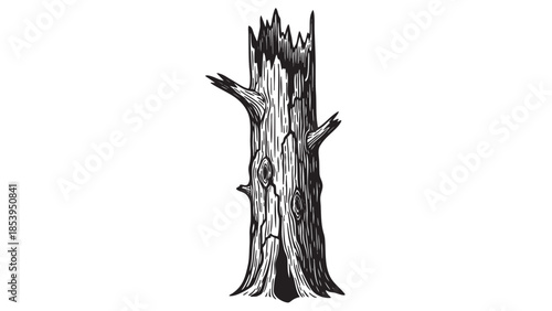 A stark, black and white linocut style illustration of a weathered, broken tree trunk against a white background, with a textured, distressed appearance.