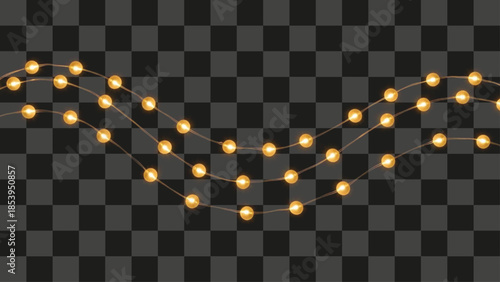 Horizontal string of warm glowing Christmas lights garland, realistic decorative yellow bulbs, fairy lights border effect, bright illumination decoration